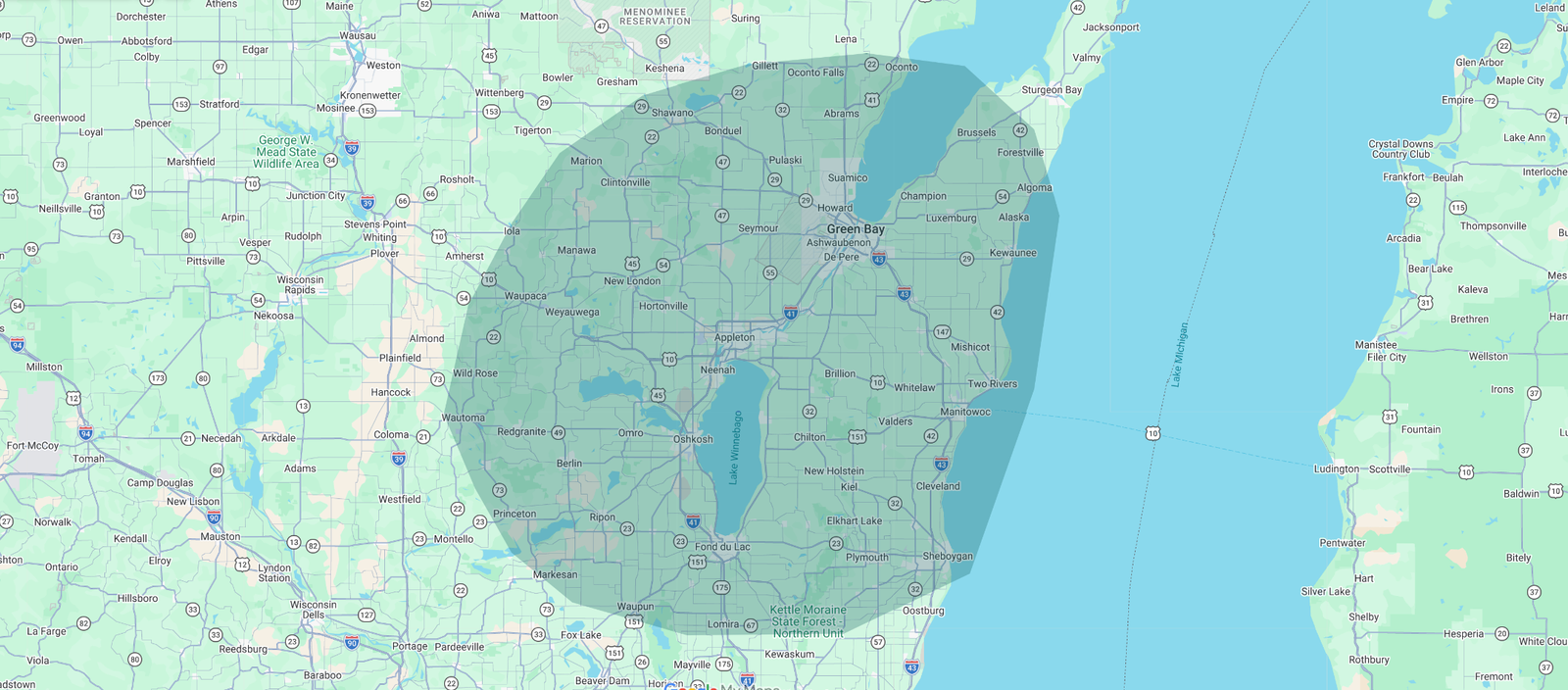 Contact NanoShield of Wisconsin. Map showing service areas for roof refurbishment, concrete sealant and wood sealant services 45 miles outside of Appleton, WI